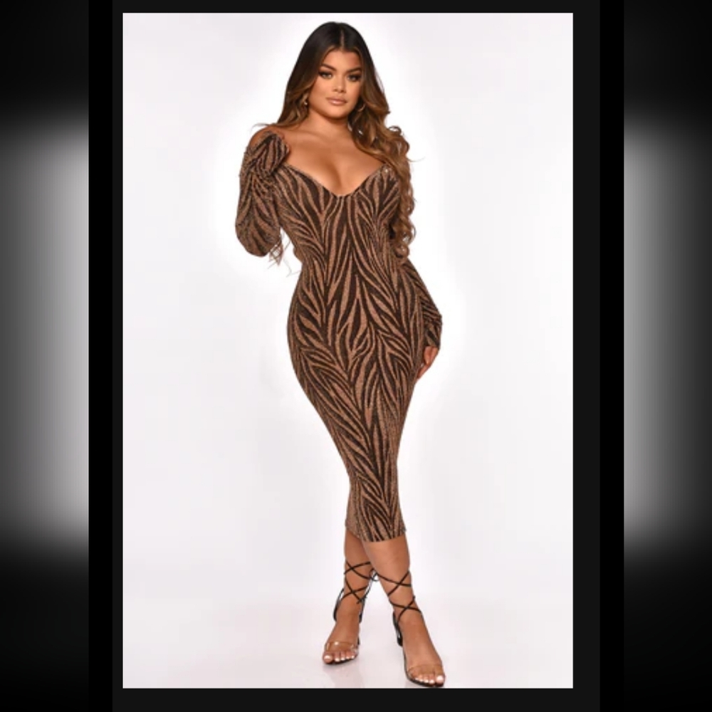 Midi shimmery brown tiger print dress
